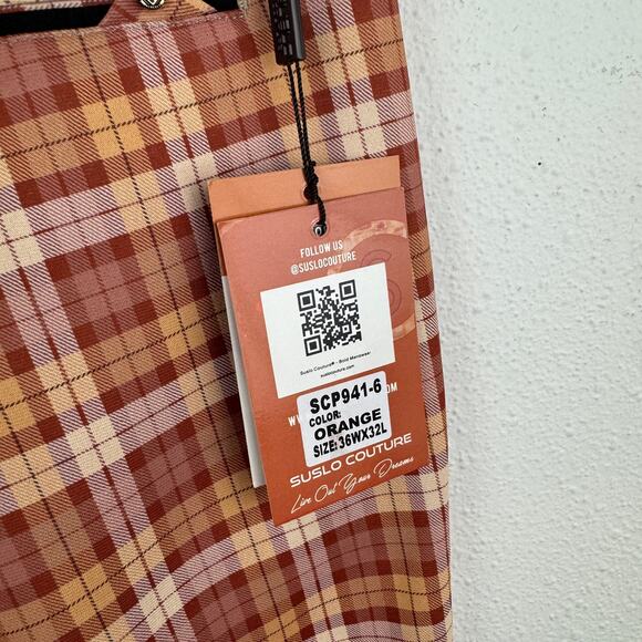 NWT Suslo Couture Orange Plaid Stretch Trousers - Picture 4 of 6